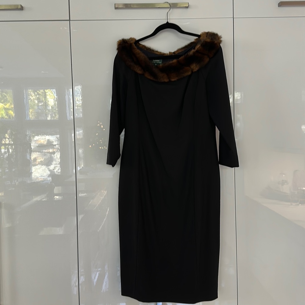 Ralph Lauren, classic black Faux fur collared cocktail dress